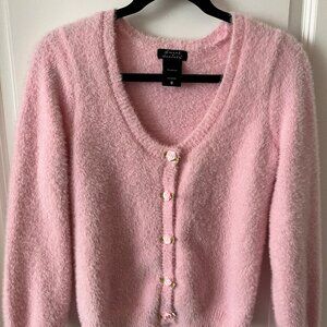 Sweet Society Pink Fuzzy Balloon Sleeve Cardigan w/ Rose Details - M